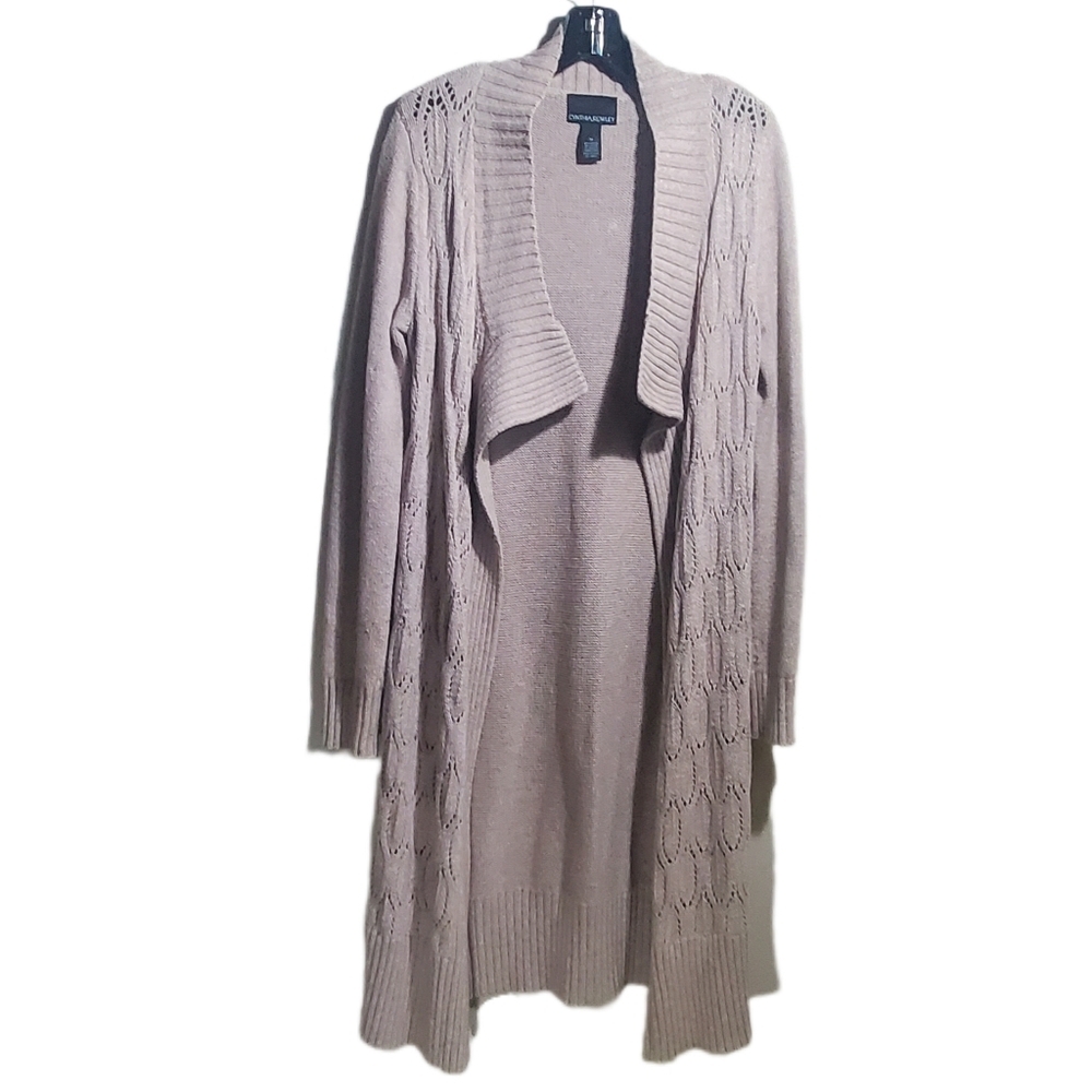 CYNTHIA ROWLEY Mock Neck Open Front Long Light Beige Cardigan Size Med